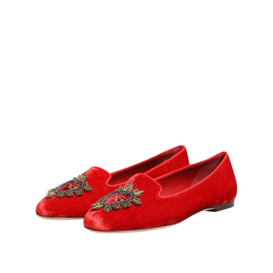 Dolce & Gabbana Red Velvet DG Heart Loafers Flat Shoes