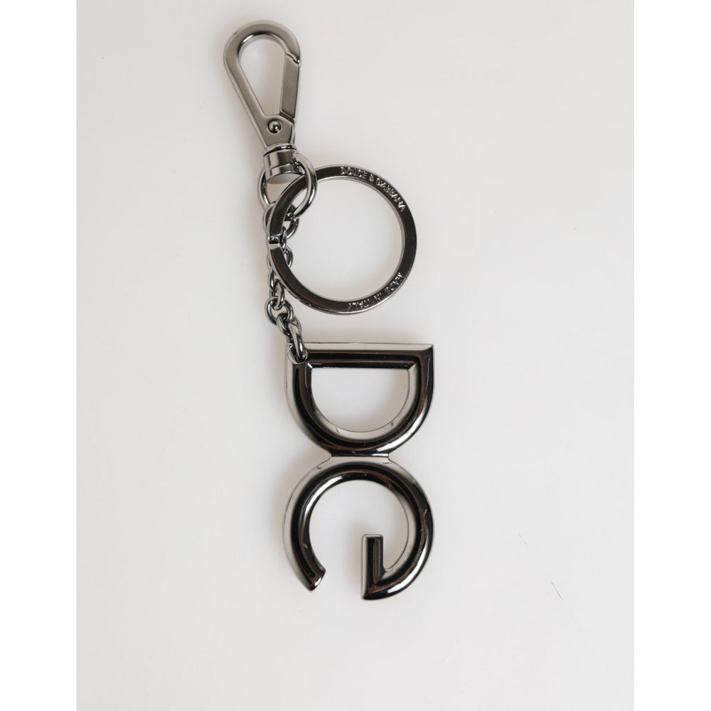 Dolce & Gabbana Silver Brass DG Logo Metal Keychain Holder Men Keyring with polished DG logo and sleek silver tone.