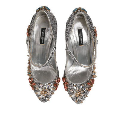 Dolce & Gabbana Silver Sequin Crystal Mary Janes Pumps Shoes with shimmering sequins and crystal embellishments, top view.