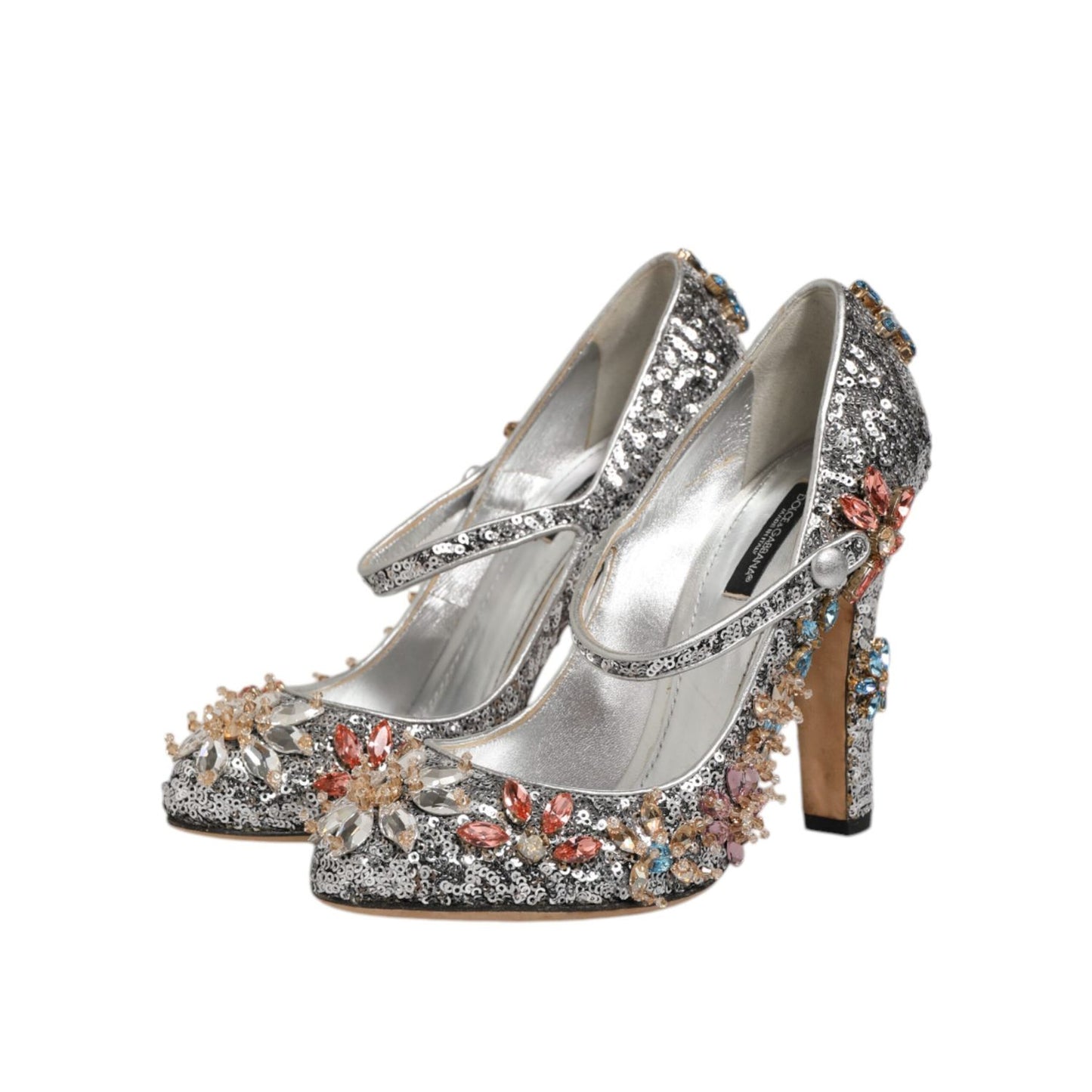 Dolce & Gabbana Silver Sequin Crystal Mary Janes Pumps Shoes with shimmering sequins and crystal embellishments for evening occasions.