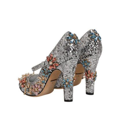 Dolce & Gabbana Silver Sequin Crystal Mary Janes Pumps Shoes with floral embellishments, perfect for glamorous events.