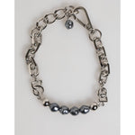 Dolce & Gabbana Silver Tone Chain Lobster Clasp Logo Gray Pearls Bracelet with polished links and dark-hued pearls, elegant design.
