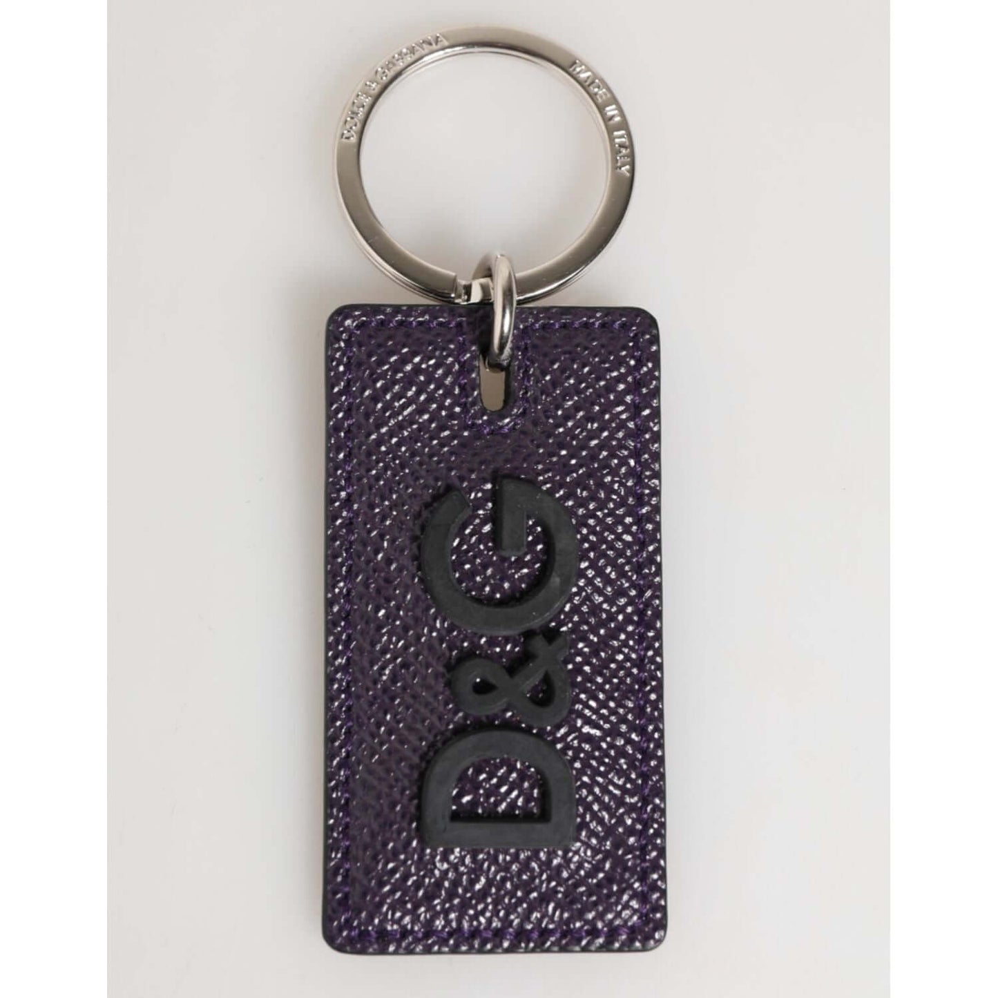 Dolce & Gabbana Violet Leather Logo Metal Ring Men Keychain Keyring with D&G embossing, luxury Italian craftsmanship, elegant design.