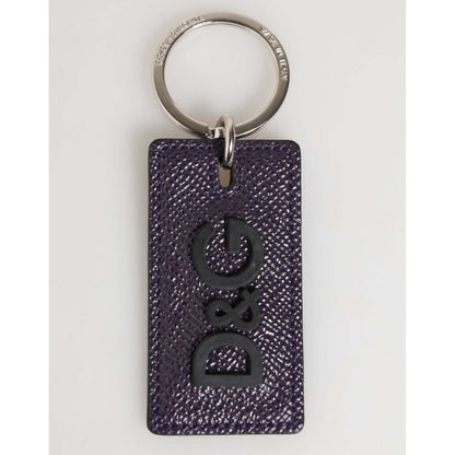 Dolce & Gabbana Violet Leather Logo Metal Ring Men Keychain Keyring with silver detailing and logo engraving.