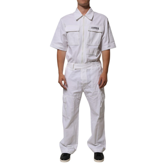 Dolce & Gabbana White Barcode Patch Utility Zip Jumpsuit Pants with short sleeves, front zipper, and cargo pockets.