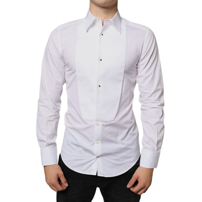 Dolce & Gabbana White Bib Cotton Poplin Formal Dress Shirt with contrasting buttons, slim fit, made in Italy.