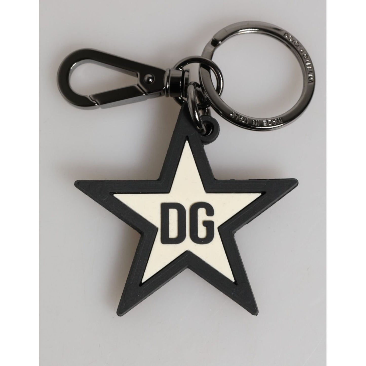 Dolce & Gabbana White Black DG Logo Star Rubber Men's Keychain Keyring with engraved metal hardware and silver brass ring