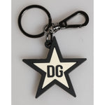 Dolce & Gabbana White Black DG Logo Star Rubber Men's Keychain Keyring with silver brass ring and logo engraving.