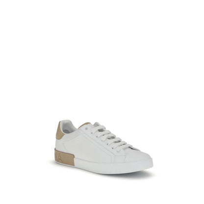 Dolce & Gabbana White Calf Leather Bos Taurus Low Top Sneakers with lace-up design and logo detail on back, flat sole.