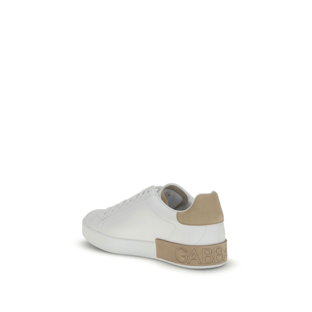Dolce & Gabbana White Calf Leather Bos Taurus Low Top Sneakers with logo on heel, showcasing stylish design and flat sole.