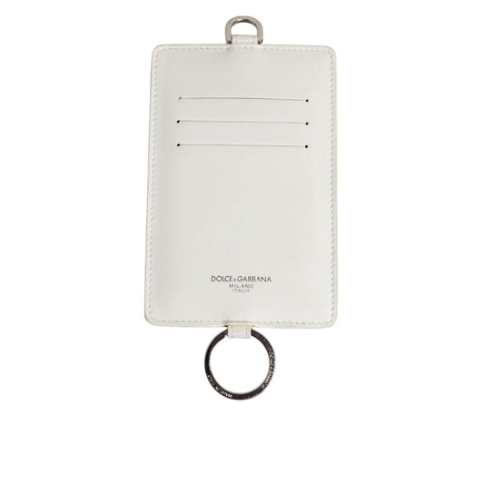 Dolce & Gabbana White Calf Leather Lanyard Logo Card Holder Men Wallet with ring fastening, card slots, and logo details