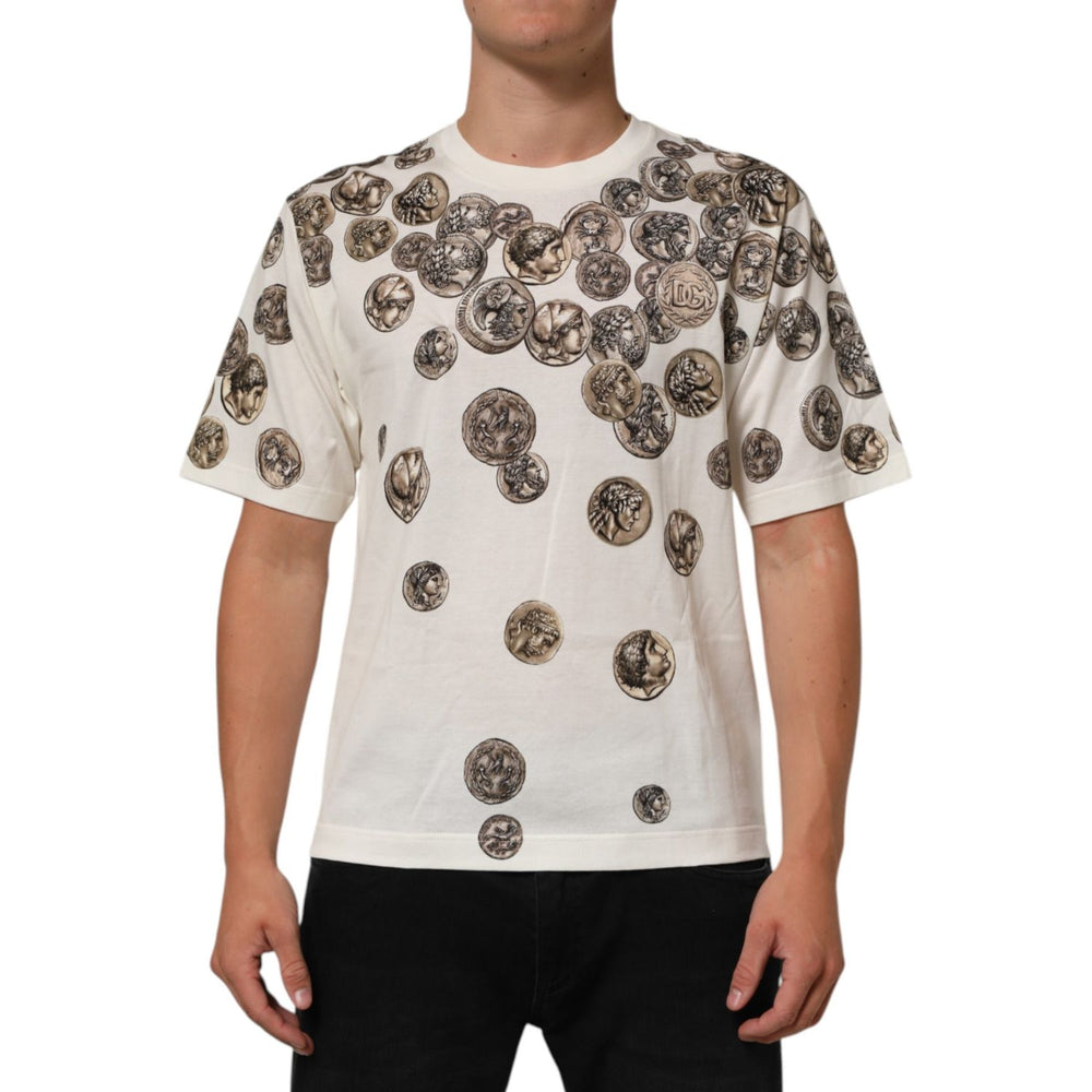 Dolce & Gabbana White Coin Print Cotton Crew Neck Men T-shirt featuring unique coin motif