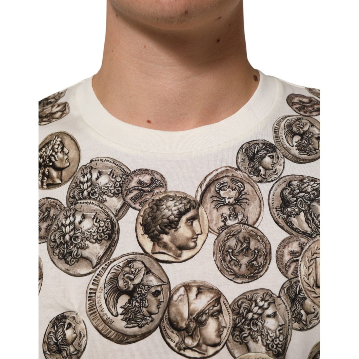Dolce & Gabbana White Coin Print Cotton Crew Neck Men T-shirt with distinctive coin motif design