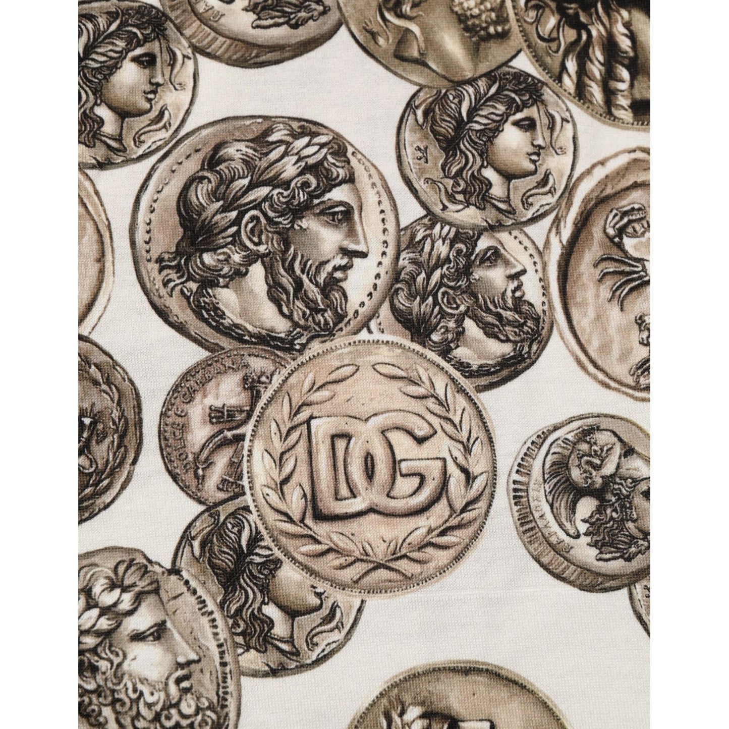 Dolce & Gabbana White Coin Print Cotton Crew Neck Men T-shirt with distinctive coin motif print and D&G logo detail.