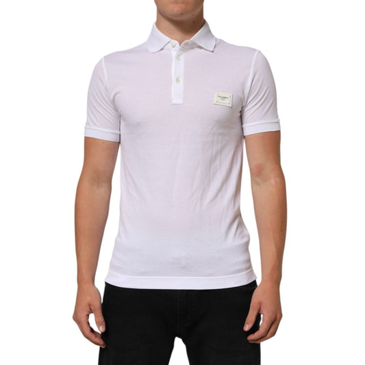 Dolce & Gabbana White Collared Short Sleeves Polo T-shirt on model, featuring button closure and logo, made in Italy.