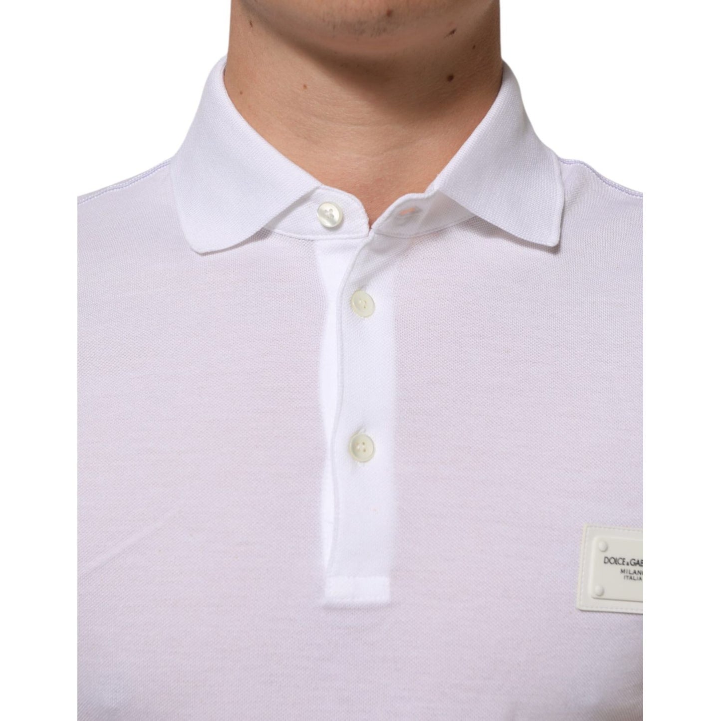 Dolce & Gabbana White Collared Short Sleeves Polo T-shirt with button closure and logo detail on chest.