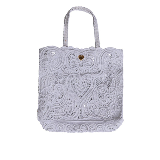 Dolce & Gabbana White Cordonetto Lace Beatrice Tote Shopping Bag featuring Sicilian lace and signature heart motif.