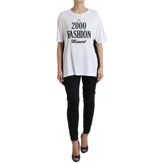 Dolce & Gabbana White Cotton 2000 Fashion Print Logo T-shirt with lace-up sides and gold DG logo, modeled by woman standing.