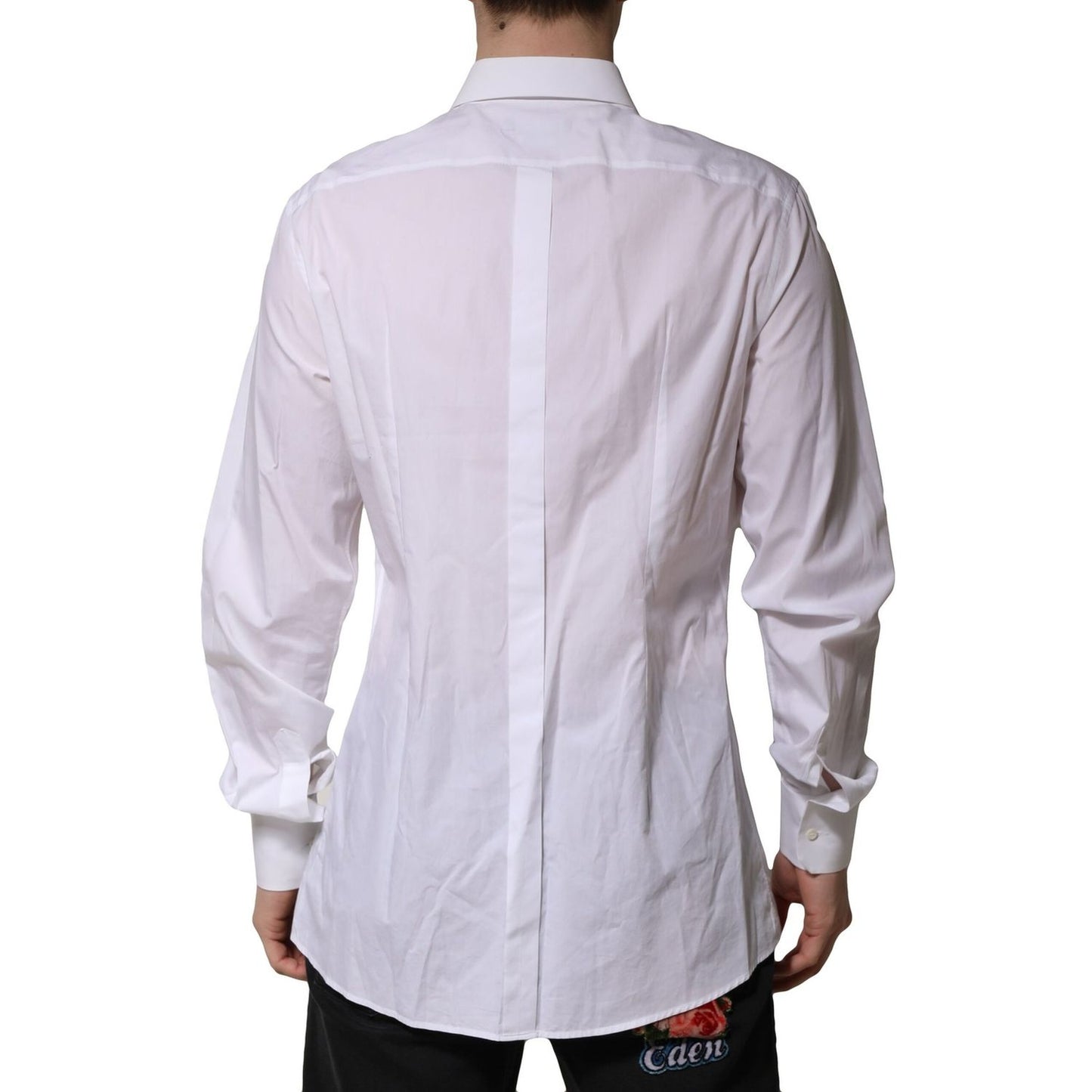 Back view of Dolce & Gabbana White Cotton Crown Collar GOLD Formal Shirt, showcasing slim fit and luxurious craftsmanship.