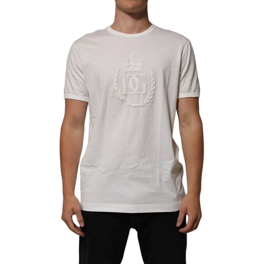 Dolce & Gabbana White Cotton DG Crown Embossed Men T-shirt with logo embroidery, short sleeves, and regular fit, made in Italy.