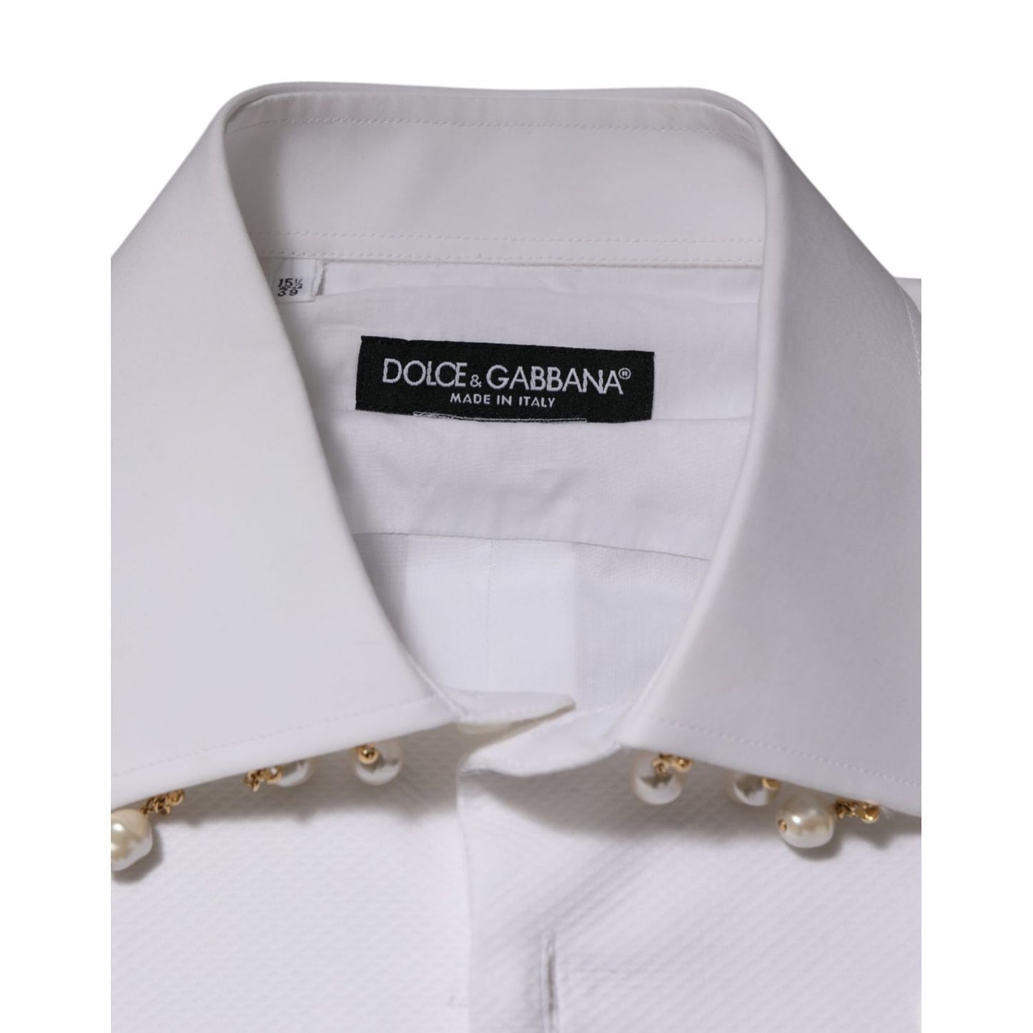 Dolce & Gabbana White Cotton DG Logo Pearl Chain Formal Shirt