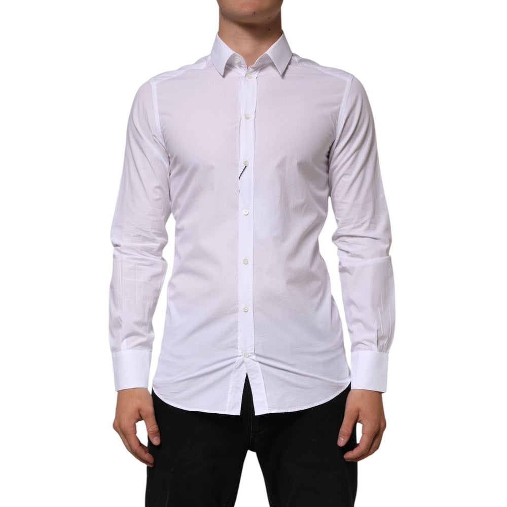 Dolce & Gabbana White Cotton GOLD Formal Men Longsleeves Shirt, slim fit with button closure, ideal for business and upscale events.