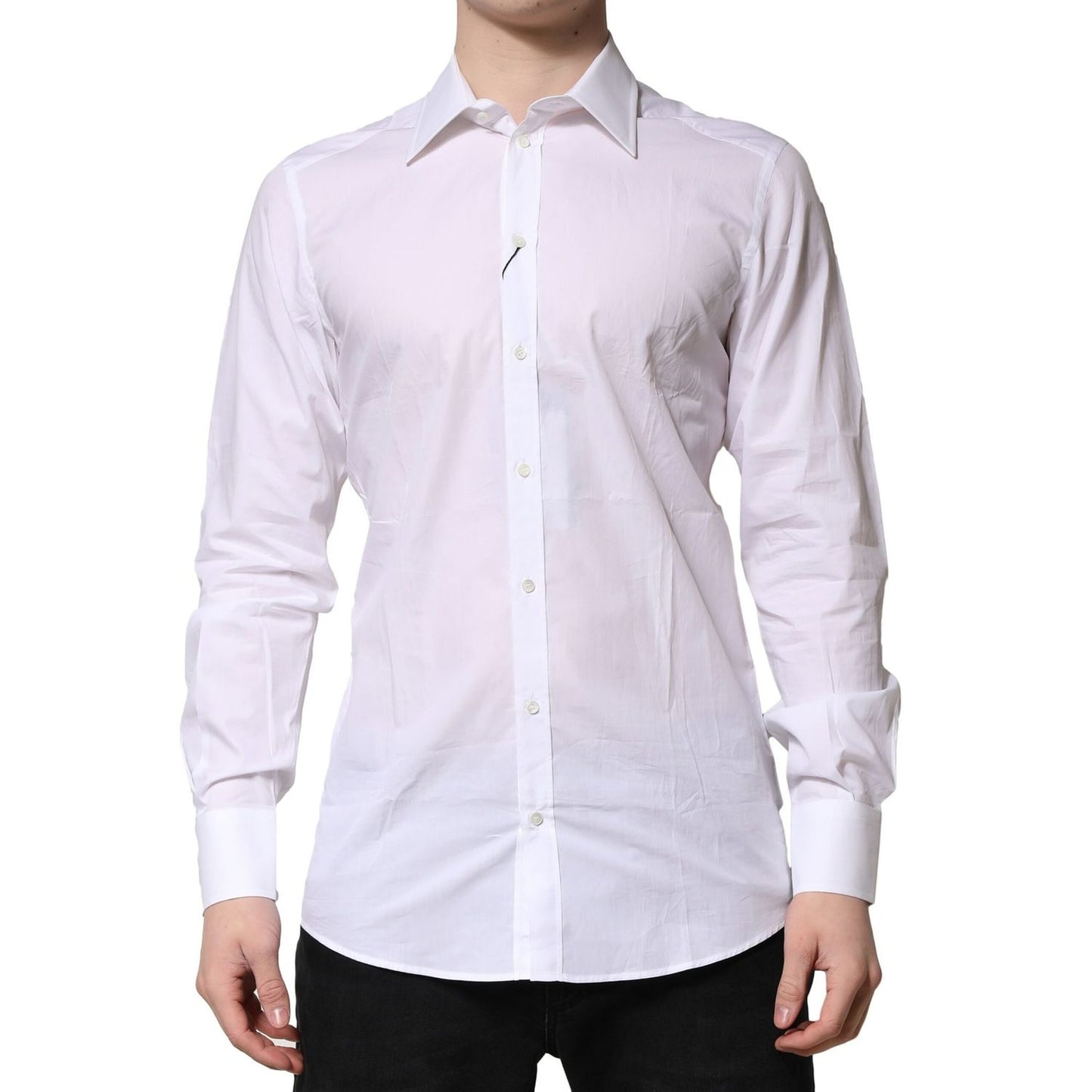 Dolce & Gabbana White Cotton GOLD Long Sleeves Formal Shirt, slim fit, button closure, made in Italy, featuring logo details.