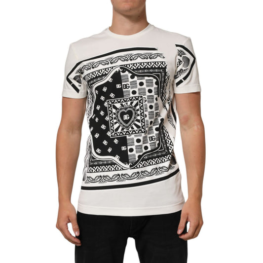 Dolce & Gabbana White Cotton Logo Bandana Print Men T-shirt, featuring bold black bandana pattern and logo details on a model.