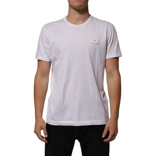 Dolce & Gabbana White Cotton Logo Patch Crew Neck Men T-shirt displayed on model, featuring logo patch on chest.