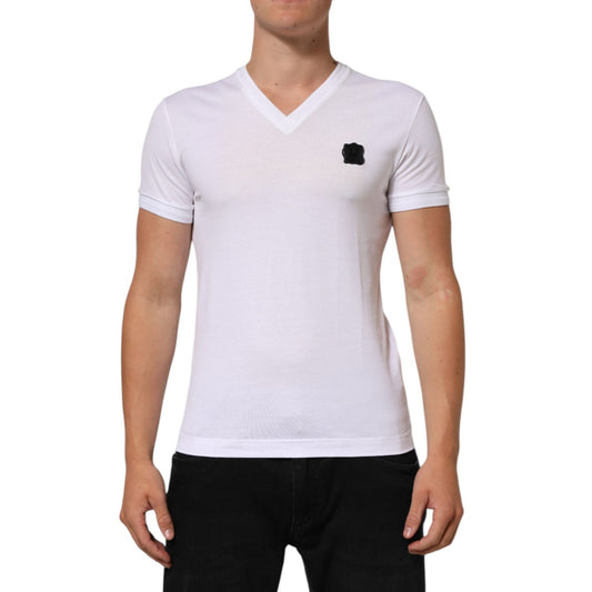 Dolce & Gabbana White Cotton Logo Patch V-neck Tee T-shirt modeled by man in black jeans