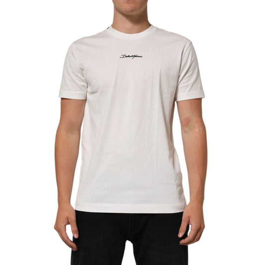 Dolce & Gabbana White Cotton Logo Print Crew Neck Men T-shirt displayed on a model