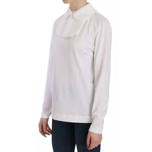 Dolce & Gabbana White Cotton Longsleeve Collared Blouse featuring a classic design with logo details over a model wearing jeans.