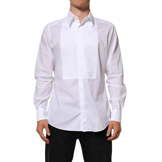 Dolce & Gabbana White Cotton MARTINI Bib Formal Dress Shirt with long sleeves and collared design.