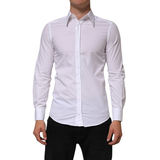 Dolce & Gabbana White Cotton MARTINI Long Sleeve Dress Shirt with slim fit and classic collar.
