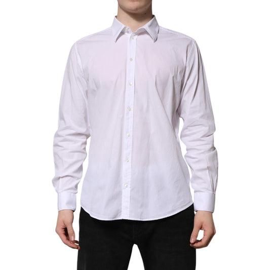 Dolce & Gabbana White Cotton STAFF Long Sleeves Forma Shirt with button closure, showing front view on model for business or casual wear.