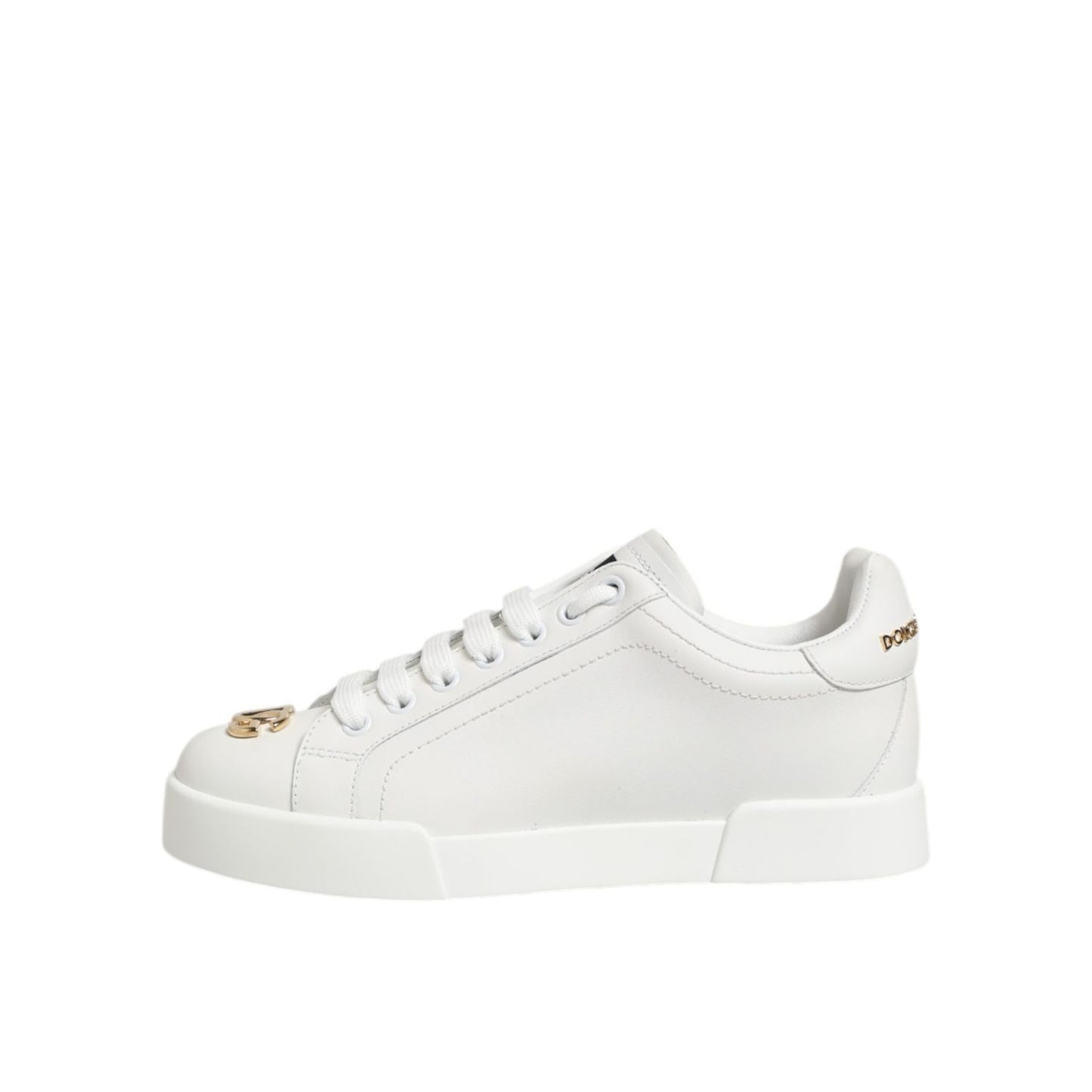 Dolce & Gabbana White DG Leather Low Top Sneakers Shoes on white background, featuring classic silhouette, lace-up closure, rubber sole.