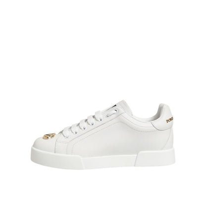 Dolce & Gabbana White DG Leather Low Top Sneakers Shoes on white background, featuring classic silhouette, lace-up closure, rubber sole.