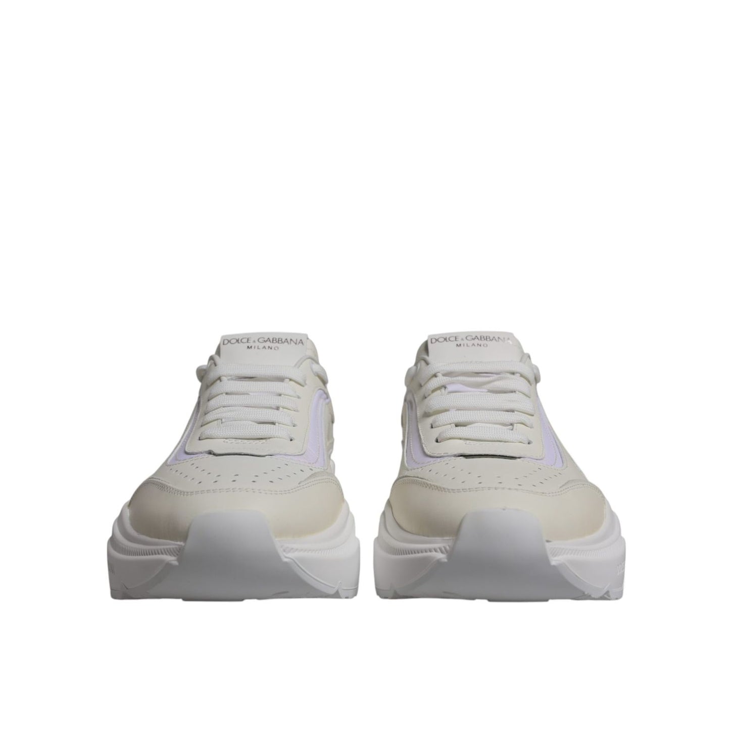 Front view of Dolce & Gabbana White Daymaster Low Top Sneakers Shoes, featuring calf leather and nylon material with rubber sole and logo details.