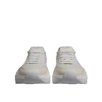 Front view of Dolce & Gabbana White Daymaster Low Top Sneakers Shoes, featuring calf leather and nylon material with rubber sole and logo details.