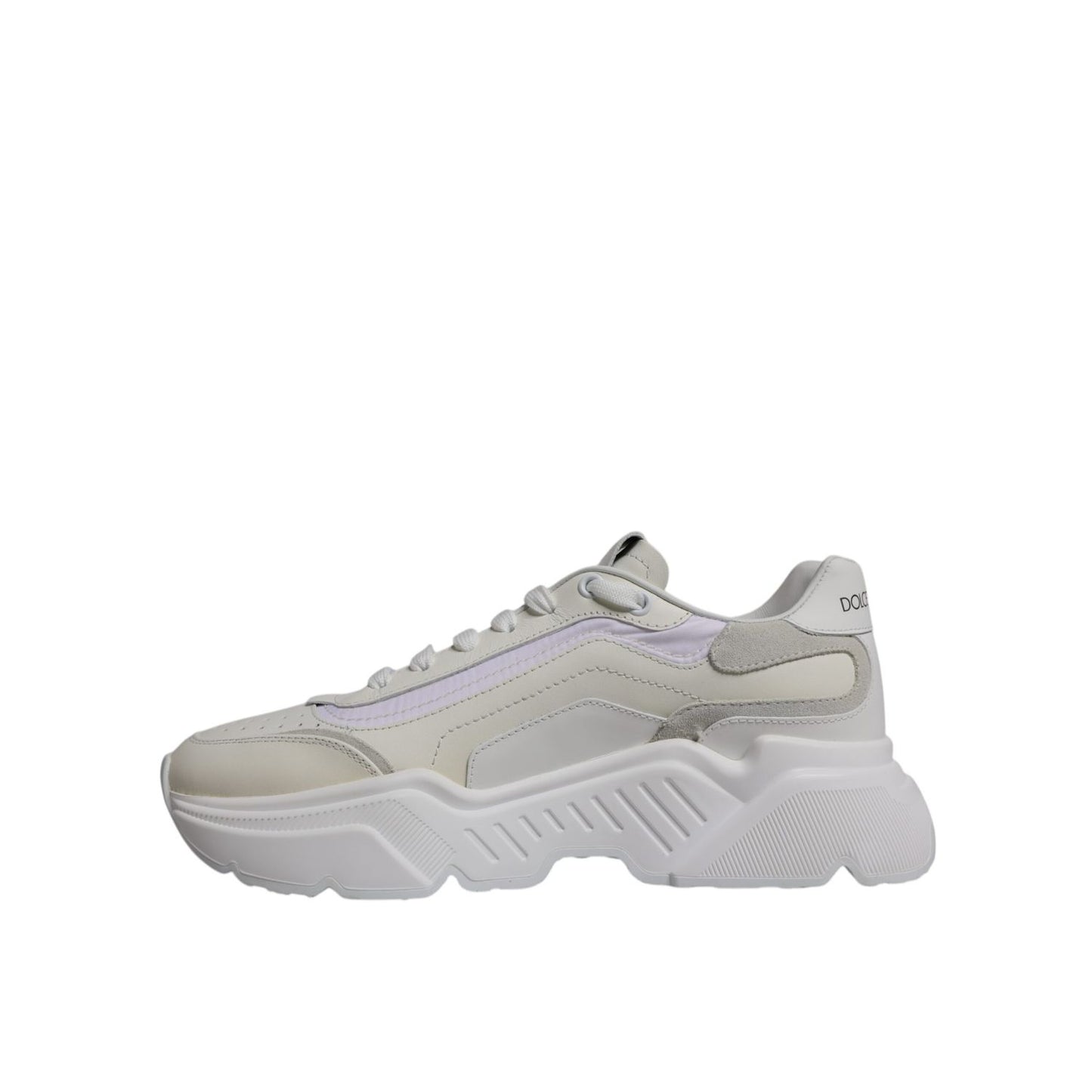 Dolce & Gabbana White Daymaster Low Top Sneakers Shoes with calf leather and nylon, rubber sole, lace up closure, and logo details.