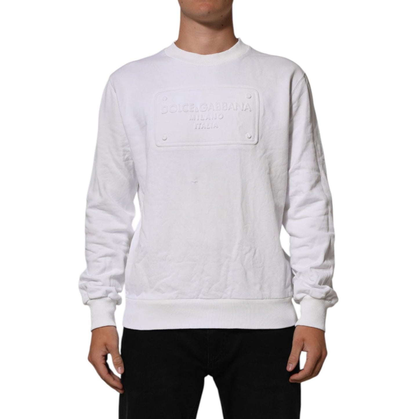 Dolce & Gabbana White Embossed Logo Men Sweatshirt Sweater in premium cotton, perfect for stylish comfort and casual elegance.