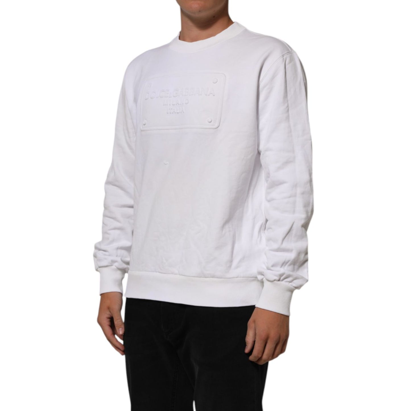 Dolce & Gabbana White Embossed Logo Men Sweatshirt Sweater in premium cotton with ribbed hem, perfect for a refined casual outfit.