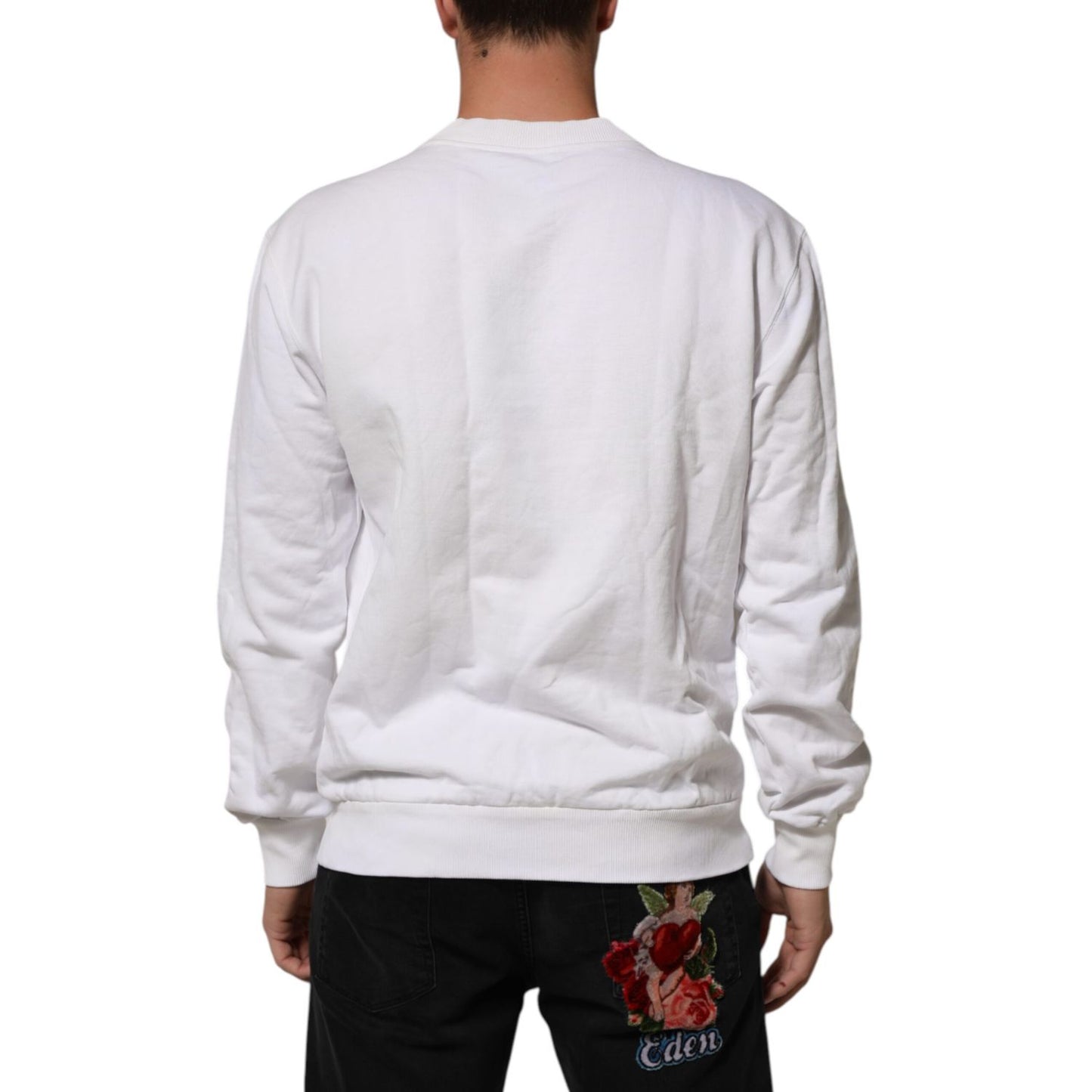 Back view of Dolce & Gabbana White Embossed Logo Men Sweatshirt Sweater, featuring a crisp white hue and ribbed hem, worn by a model.
