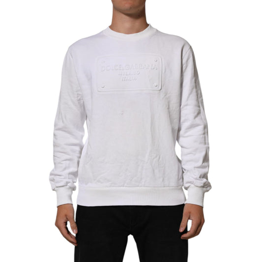 Dolce & Gabbana White Embossed Logo Men Sweatshirt Sweater, crew neck, ribbed hem, premium cotton, stylish and comfortable fashion.