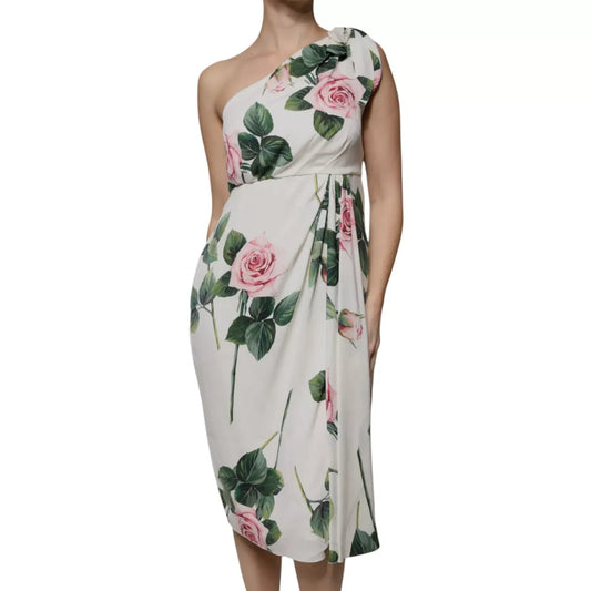 Dolce & Gabbana White Floral Silk One Shoulder Midi Dress, elegant evening wear in white with vibrant floral print.