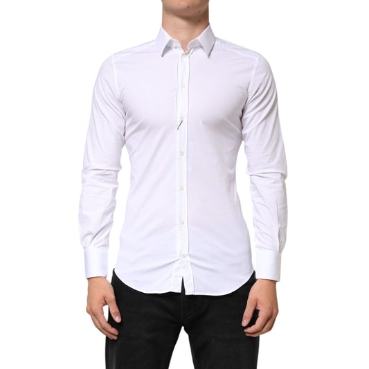 Dolce & Gabbana White GOLD Cotton Long Sleeves Dress Men Shirt, slim fit, button closure, front view.