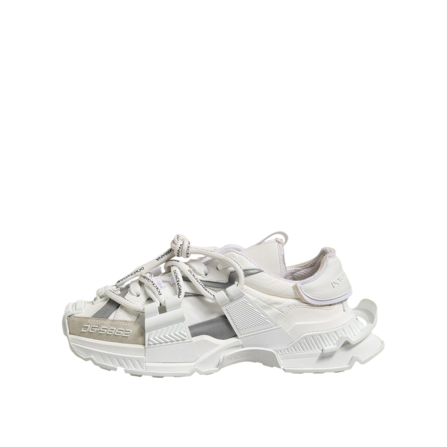 Dolce & Gabbana White Gray Low Top Space Sneakers Shoes with polyester and lamb leather, rubber sole, and lace-up closure.