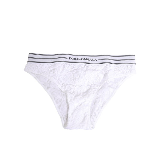 Dolce & Gabbana White Lace Slip Brief Logo Waistband Underwear, featuring floral lace and branded elastic band, made in Italy.