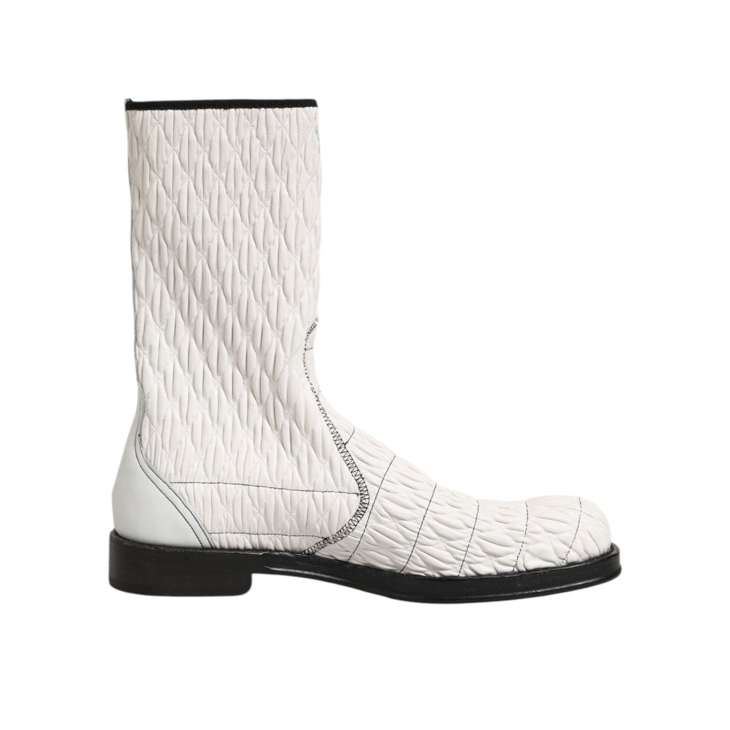 Dolce & Gabbana White Lambskin Leather Mid Calf Boots Shoes with quilted texture and sturdy sole, offering sophistication and style.