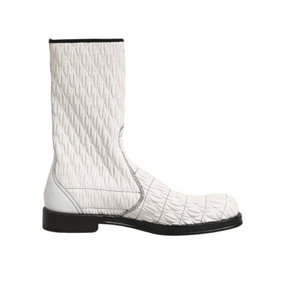 Dolce & Gabbana White Lambskin Leather Mid Calf Boots Shoes with quilted texture and sturdy sole, offering sophistication and style.